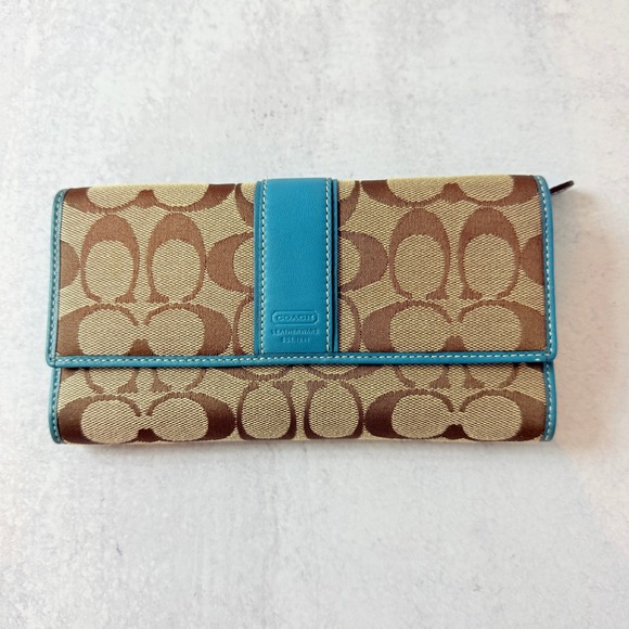 NWOT Coach Signature Brown Tan Canvas & Blue Leather Flap Wallet Card Holder - Picture 1 of 11